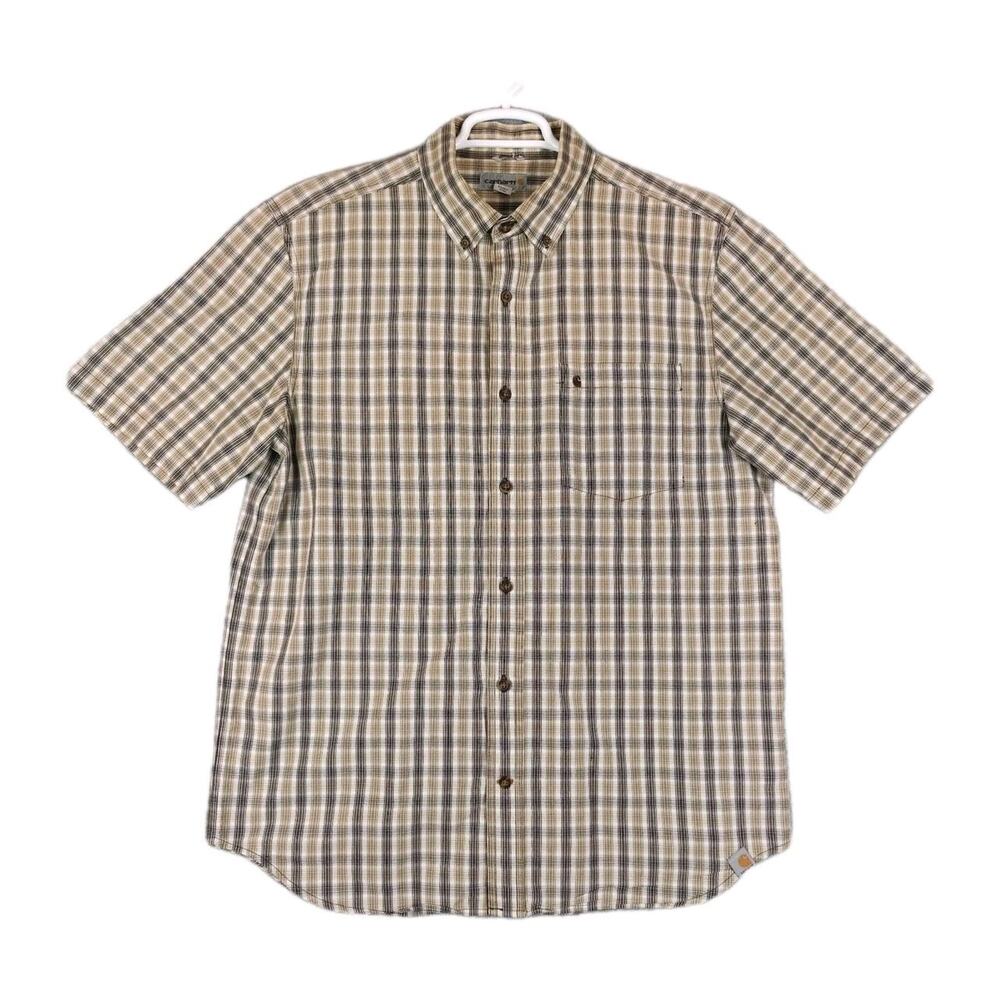 Carhartt Shirt Mens Large Brown Work Wear Outdoors Check Utility Chore Button Up